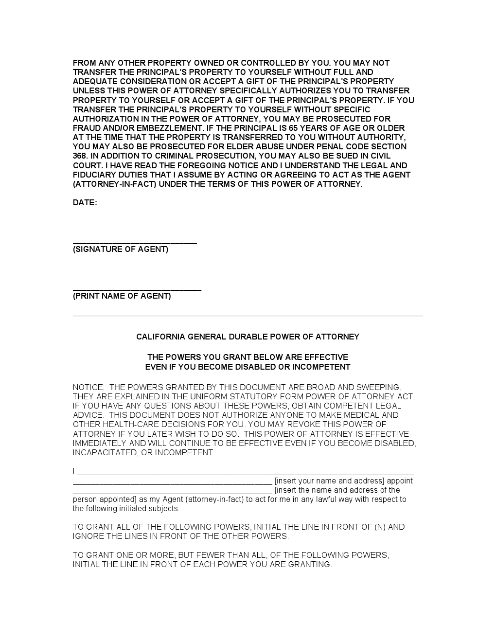 Free California Durable Power Of Attorney Form