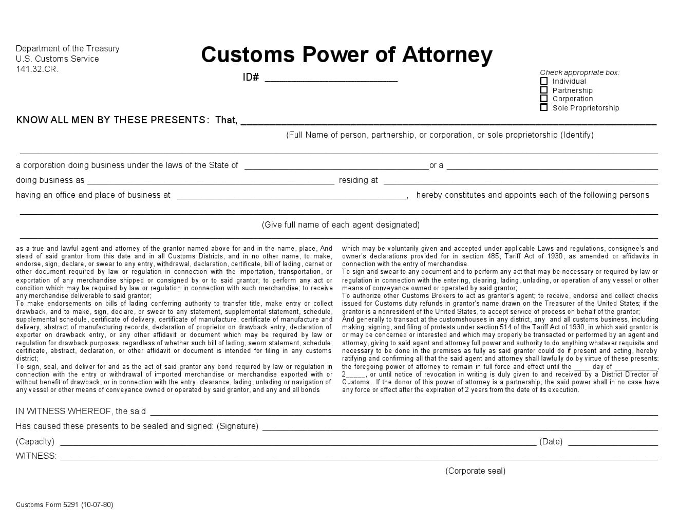 Free General Customs Power of Attorney Form