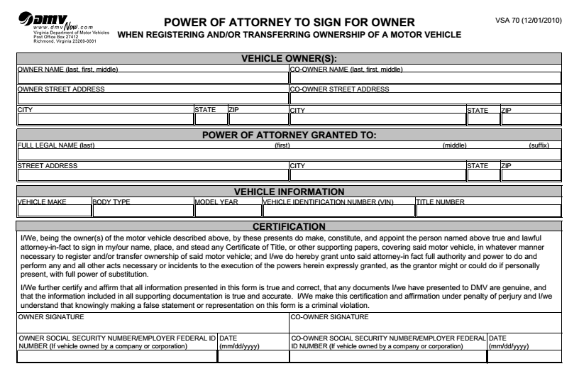 Free Virginia Motor Vehicle Power Of Attorney Form VSA 70 