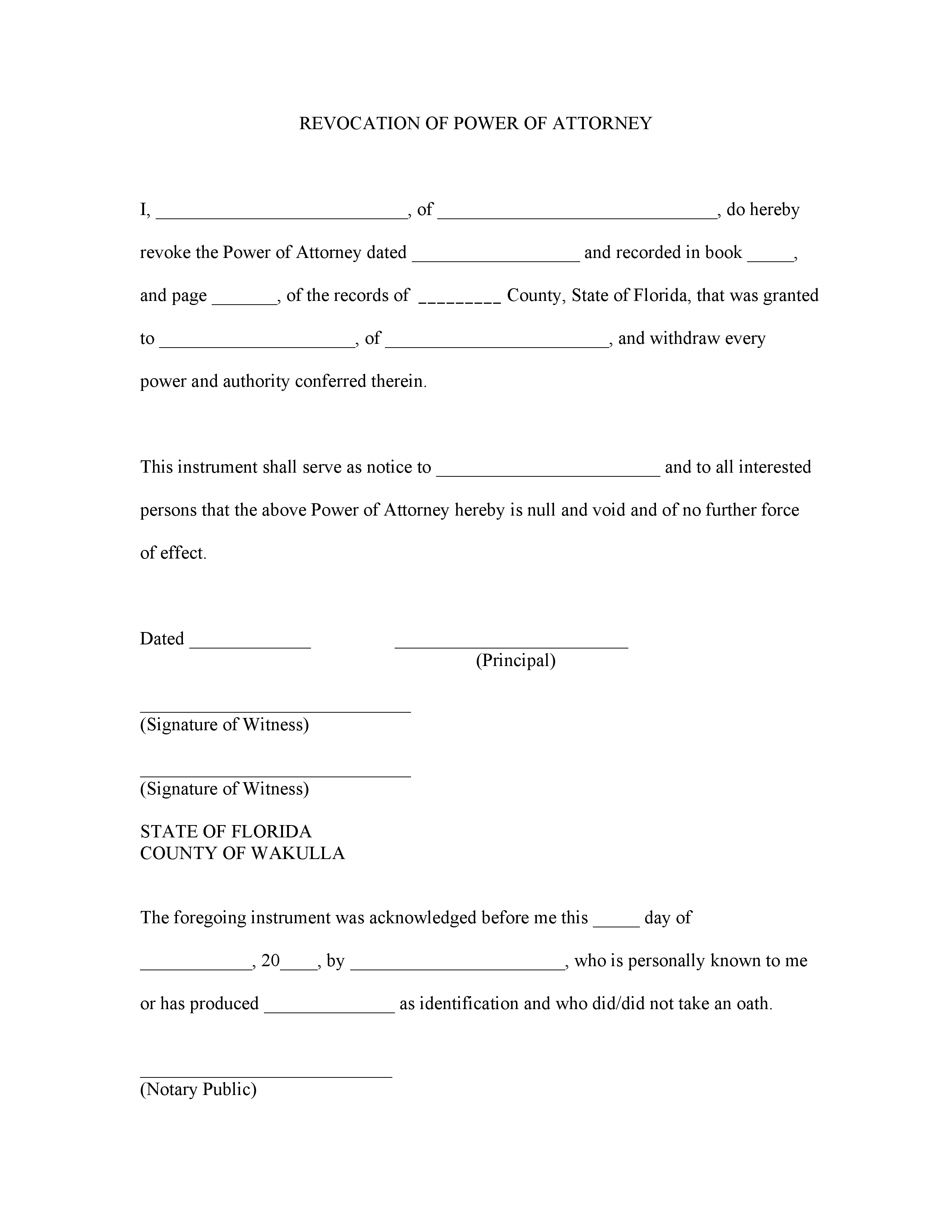 Free Florida Revocation Of Power Of Attorney Form