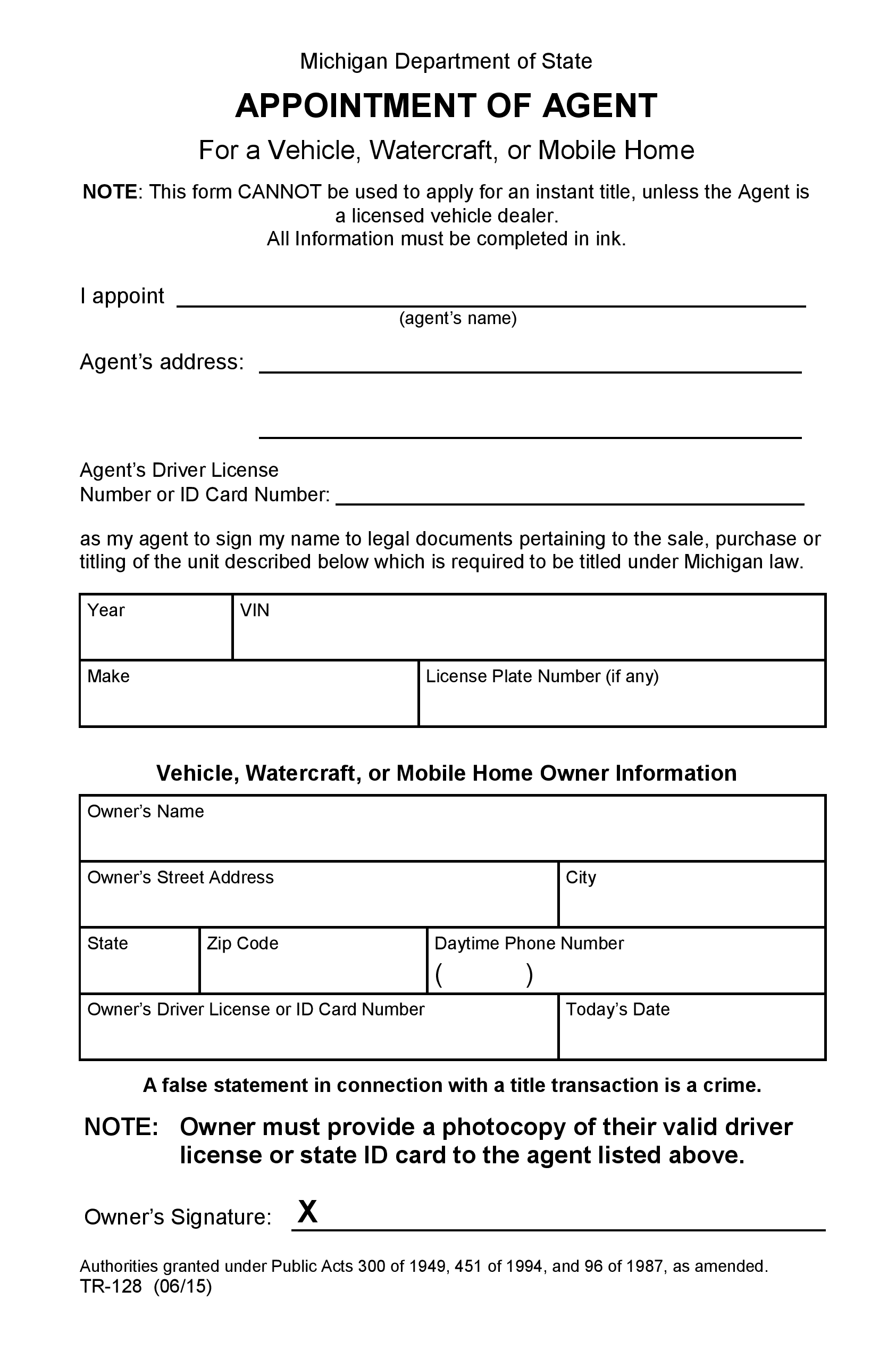 Free Michigan Vehicle Power of Attorney Form